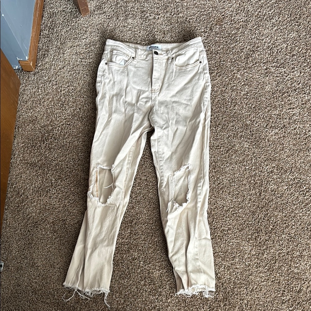 Distressed Cream Jeans